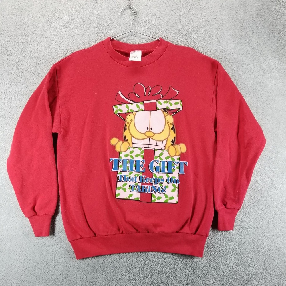 VTG Garfield Sweatshirt Mens Large Red Christmas Gift Keeps On‎ Taking 90s